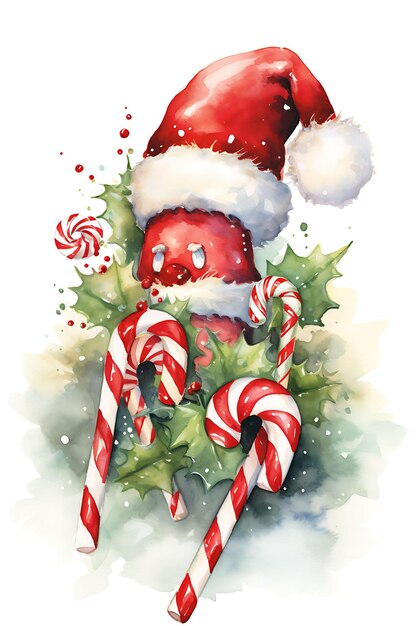 Animaux de Noël dans des chapeaux d'aquarelle au milieu de décors de Noël Fantaisie Mignon Toile de fond de neige Art numérique