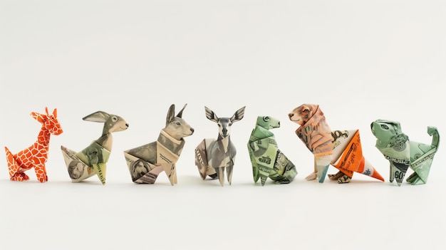 Des animaux origami fabriqués à partir de diverses monnaies présentant des plis et des dessins complexes