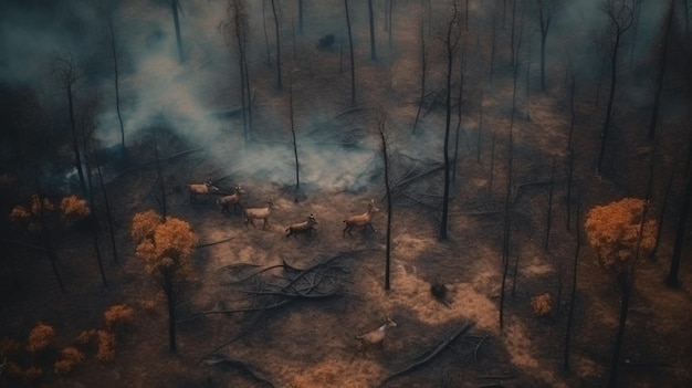 Des animaux sauvages effrayés fuient un incendie de forêt vue d'arrière-plan catastrophe écologique générée par l'IA
