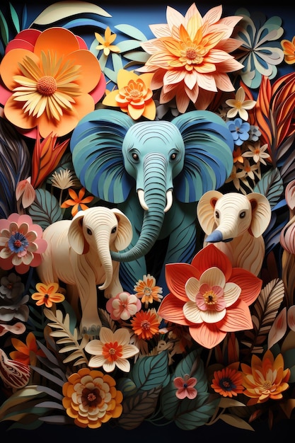 Des animaux simples et colorés et diverses fleurs en papier coupé design dans la jungle et mignons éléphants