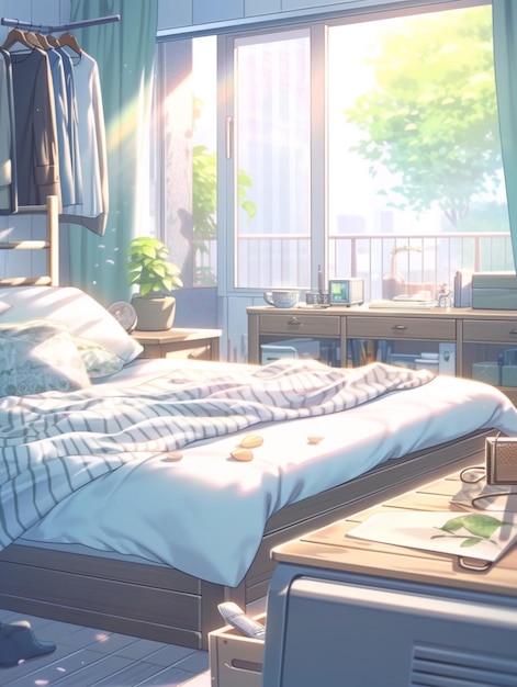 anime chambre à coucher avec un lit génératif ai