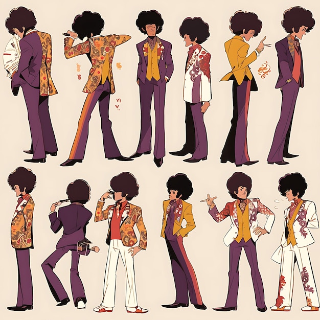 Anime Character Design Homme 1970S Disco Costume de mariage Pantalon à jambes larges Couleurs audacieuses Art conceptuel de Gro