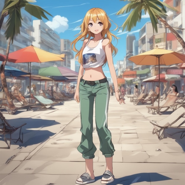 Photo anime chica feliz modelando sus piernas en la ciudad con una playa y pantaln (la fille heureuse qui modèle ses jambes dans la ville avec une plage et des pantalons)