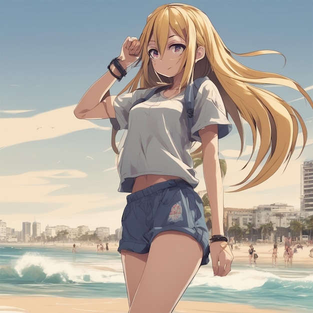 Photo anime chica feliz modelando sus piernas en la ciudad con una playa y pantaln (la fille heureuse qui modèle ses jambes dans la ville avec une plage et des pantalons)