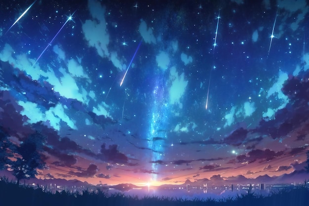 Anime ciel art fond de papier peint ciel fantastique avec de belles chutes d'étoiles chutes de étoiles avec belles