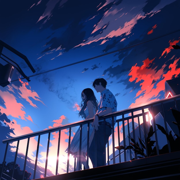 Anime couple debout sur un balcon en regardant le coucher de soleil générative ai