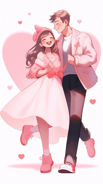 Anime couple habillé en rose et blanc avec des coeurs en arrière-plan ai générative