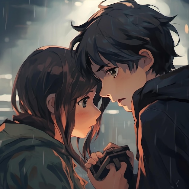 Anime couple sous la pluie avec téléphone portable à la main générative ai