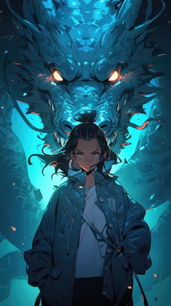 un anime et un dragon en bleu