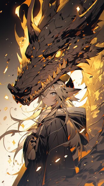 un anime et un dragon en jaune