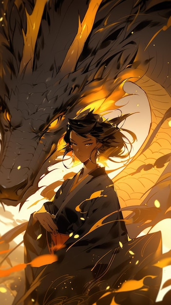 un anime et un dragon en jaune