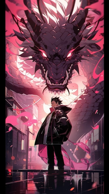 un anime et un dragon en rose