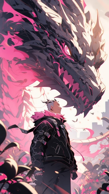 un anime et un dragon en rose