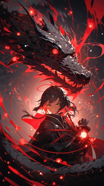 un anime et un dragon en rouge