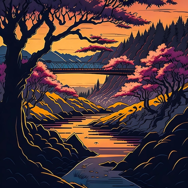 Anime Fantasy Forest Style manga japonais Scène de coucher de soleil avec une rivière et des arbres printaniers IA générative