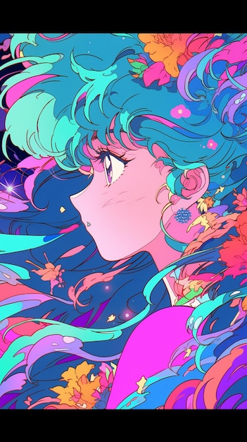 anime fille aux cheveux bleus et aux cheveux colorés avec des fleurs ai générative