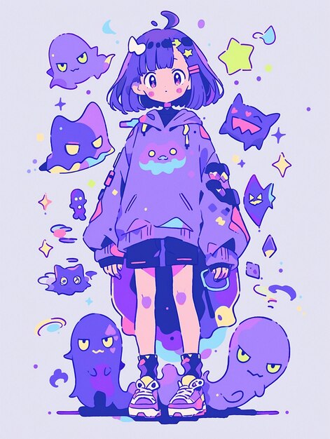 anime fille avec des cheveux violets et des chaussures violettes debout devant un groupe de chats violets générative ai