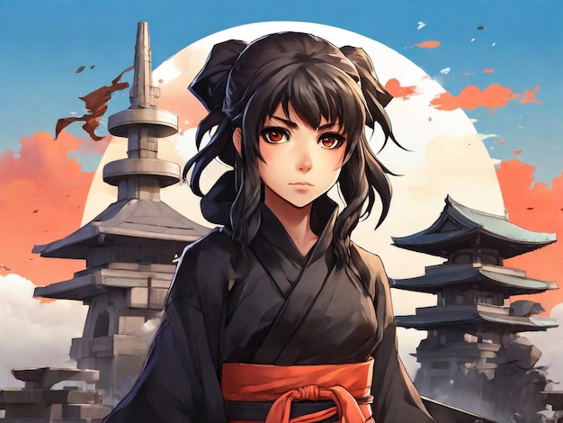 Anime fille jeune fille ninja sur le fond du monument japonais