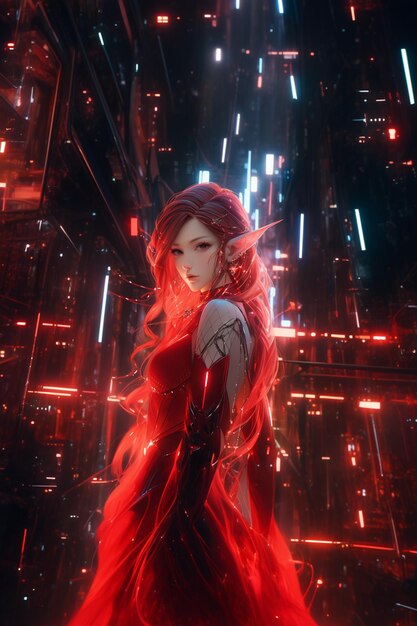 anime fille en robe rouge debout dans une ville futuriste générative ai