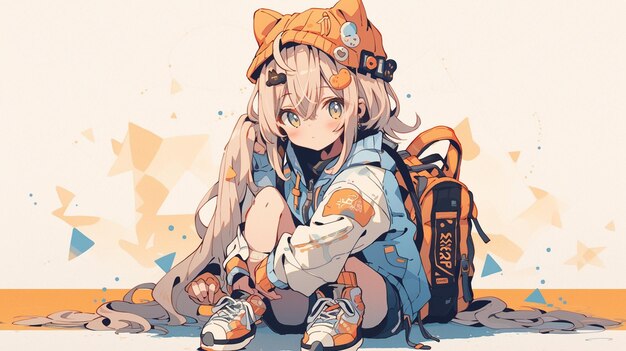 Photo anime fille avec sac à dos assise sur le sol avec les jambes croisées