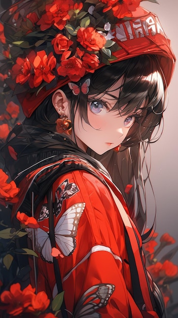 un anime et une fleur en rouge