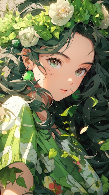 un anime et une fleur en vert