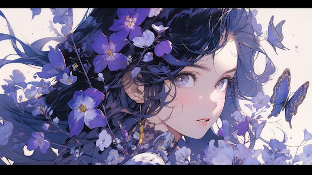 un anime et une fleur en violet