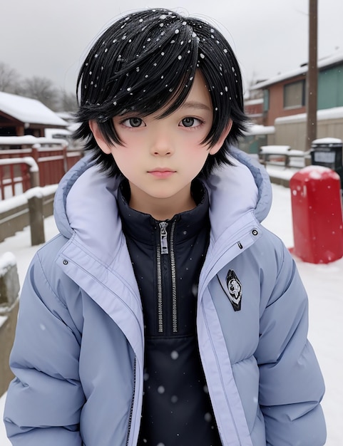 Photo anime garçon neige et porter une veste en saison hivernale