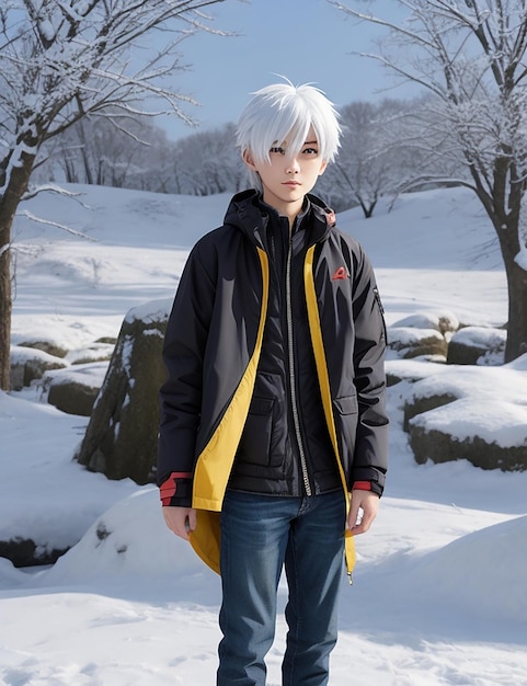 Anime garçon neige et porter une veste en saison hivernale