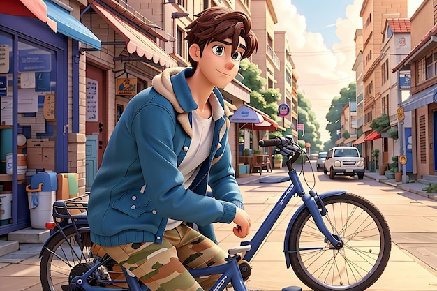 Anime garçon triste debout avec un vélo et regardant la nature paysage urbain une ville fond d'écran de bureau