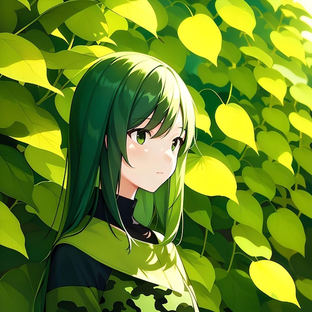 Anime Girl 2D Style avec des cheveux verts et des yeux avec des feuilles Concept de fond