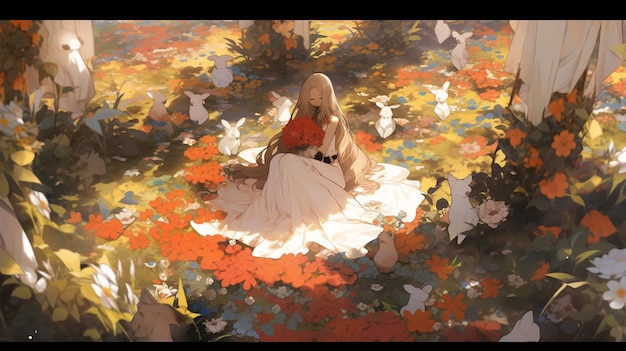 Anime girl assis dans un champ de fleurs avec un chien ai génératif