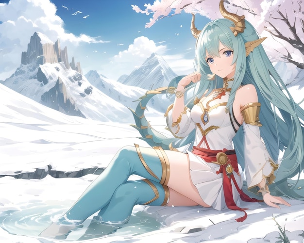 Anime girl assis dans la neige avec des montagnes en arrière-plan