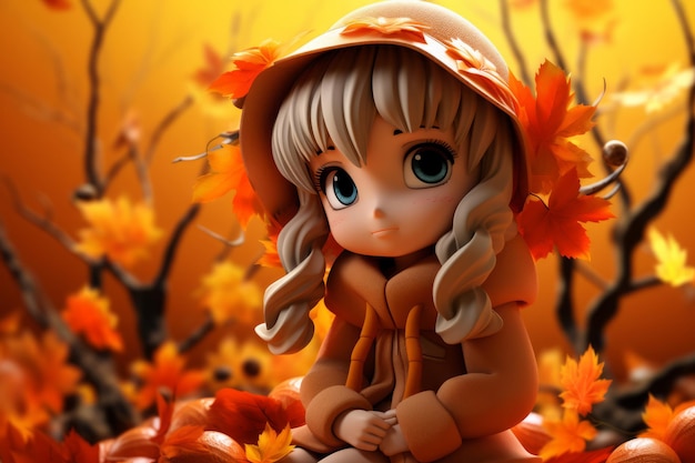 anime girl assise dans les feuilles d'automne avec un chapeau