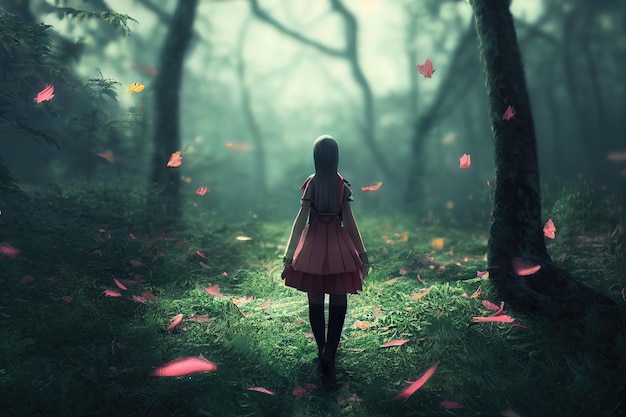 Anime girl au premier plan se promène dans un rendu 3d futuriste de la forêt. Illustration raster.