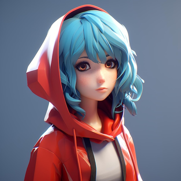 anime girl aux cheveux bleus portant un sweat à capuche rouge