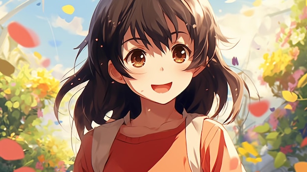 Anime girl aux cheveux longs et aux yeux bruns debout dans un jardin générative ai