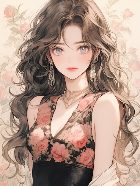 Anime girl aux cheveux longs et boucles d'oreilles dans une robe à fleurs générative ai