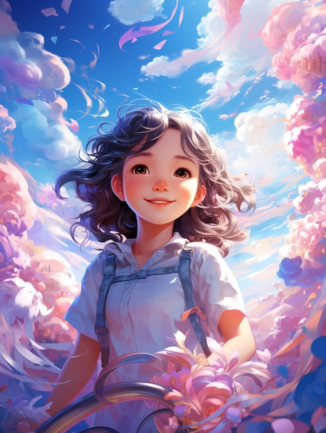 Anime girl aux cheveux longs et bretelles debout dans un champ de fleurs générative ai