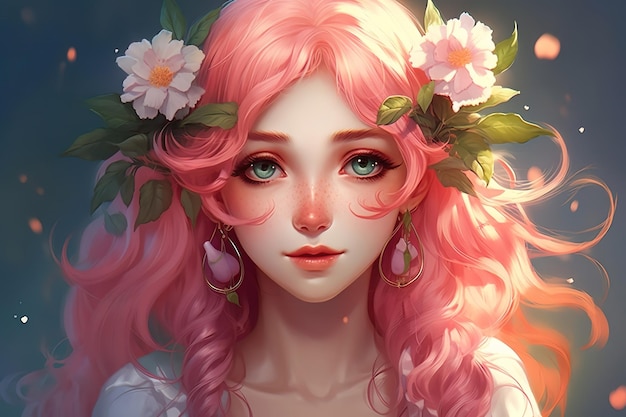 Anime girl aux cheveux roses et une couronne de fleurs sur la tête