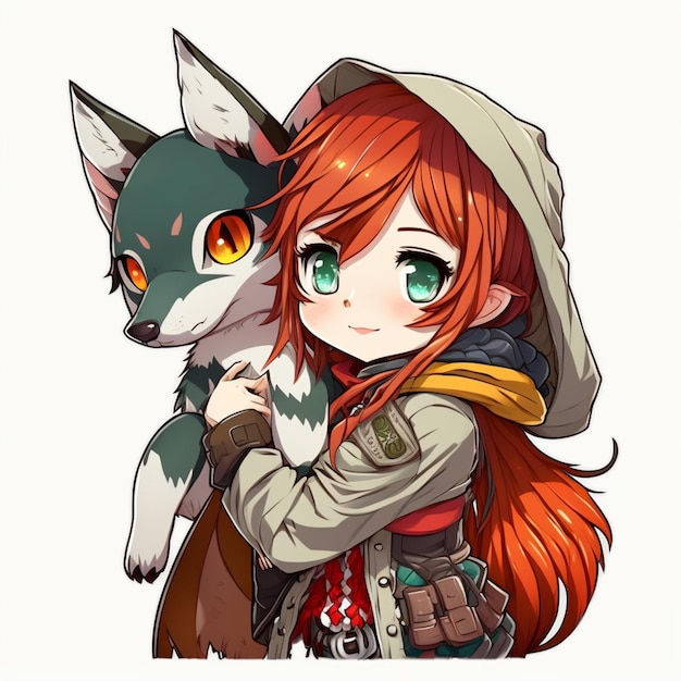 Anime girl aux cheveux rouges et aux yeux verts tenant un loup ai génératif