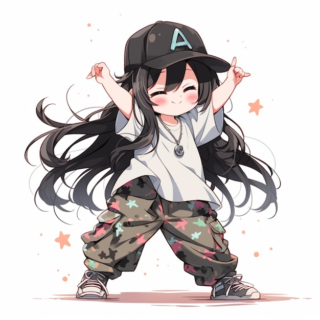 Anime girl aux longs cheveux noirs portant une casquette de baseball et un pantalon générative ai