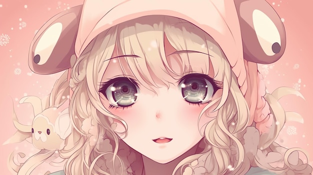 Anime girl aux yeux verts et un chapeau rose