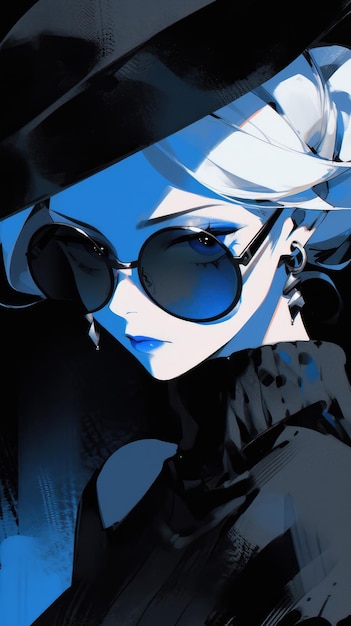 une anime girl en bleu avec des lunettes de soleil