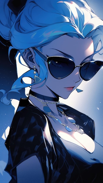 une anime girl en bleu avec des lunettes de soleil