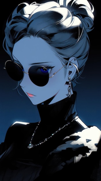 une anime girl en bleu marine avec des lunettes de soleil