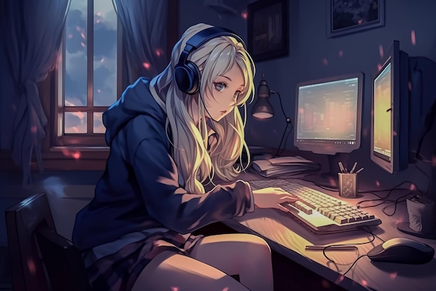 Anime girl avec un casque et un ordinateur portable Generative AI