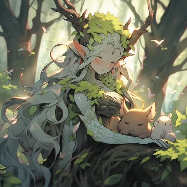 Anime girl avec un chat dans ses bras assis sur un arbre générative ai