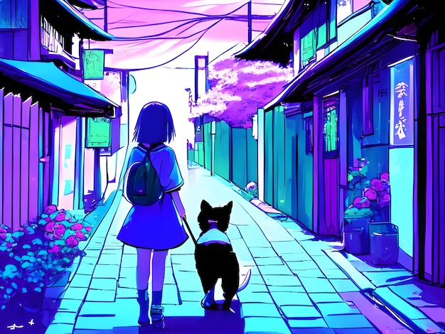 anime girl et un chat marchant dans l'allée du Japon