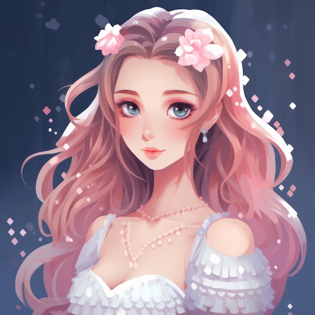 anime girl avec des cheveux roses et des fleurs sur la tête